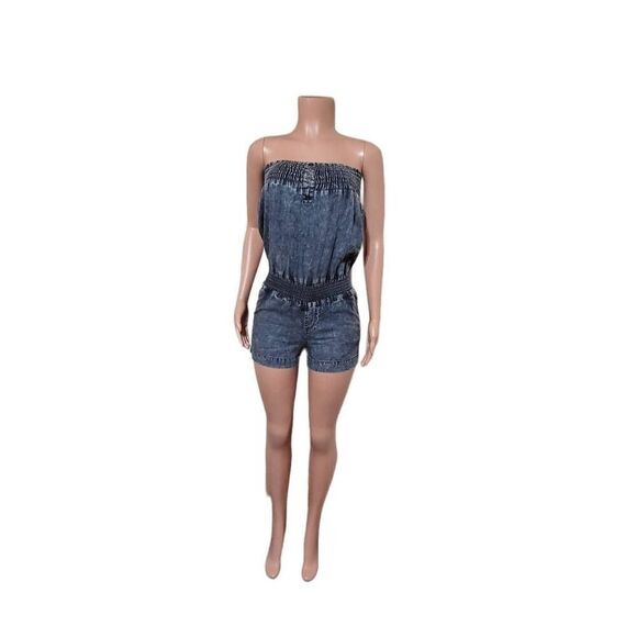 Women's sleeveless chambray smocked denim romper M - Picture 1 of 12